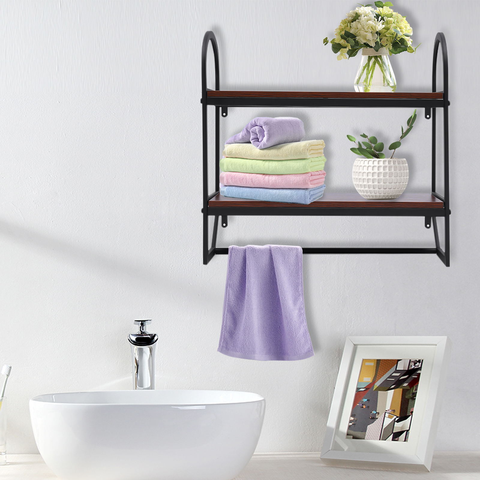 Wuzstar 2 Layers Wall Shelf Towel Shampoo Organizing Rack Multi