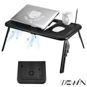 DEWIN Folding Laptop Desk for Bed, Tilting Top Height-Adjustable Bed Table with USB Cooling Fans, Portable Breakfast Food Table Bed Tray Reading Desk - Black