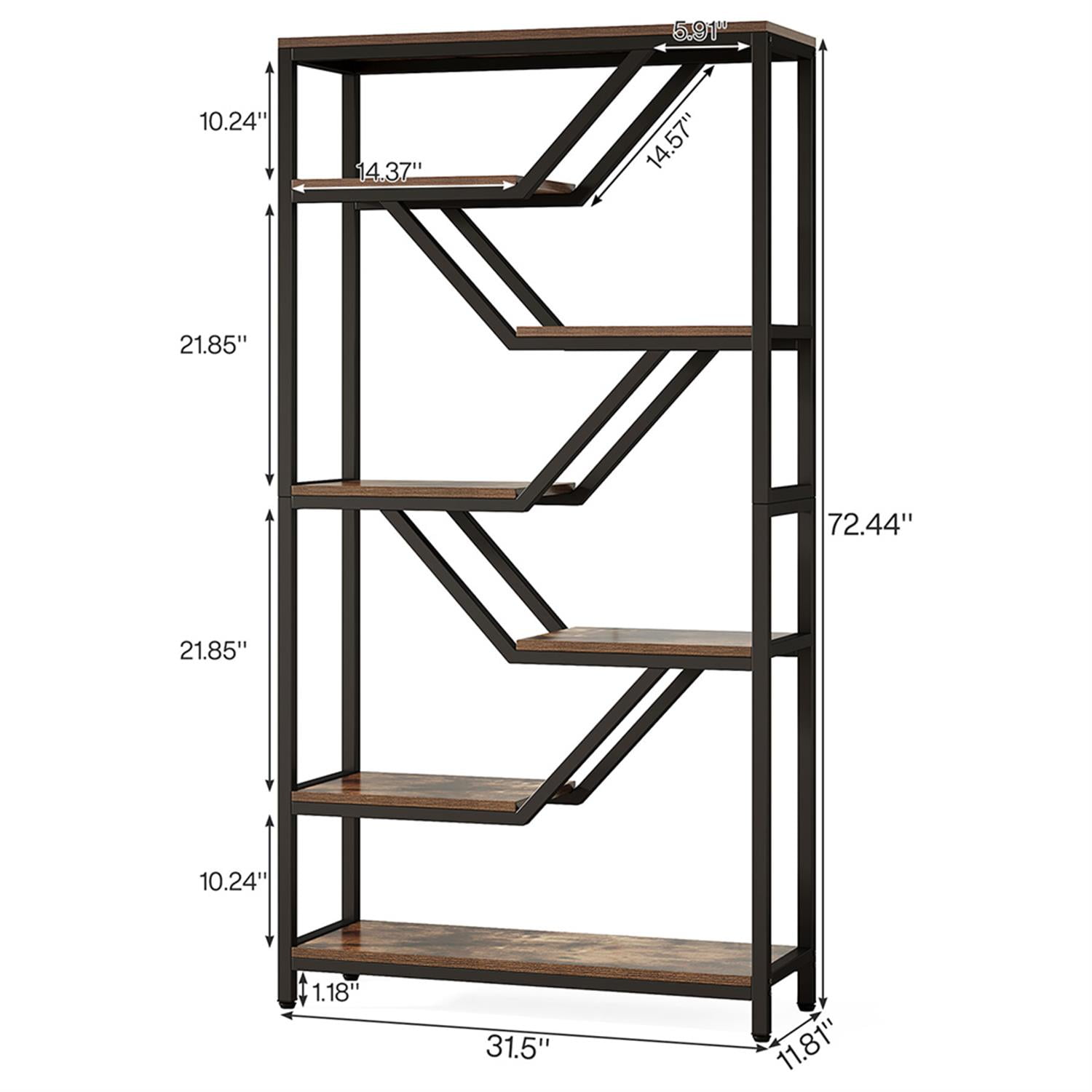 Demi Bonn 6 Tier Open Bookshelf, Wood and Metal Bookcase Storage Organizer, 72" Talldustrial Display Standing Shelf Unit for Bedroom, Living Room, Brown