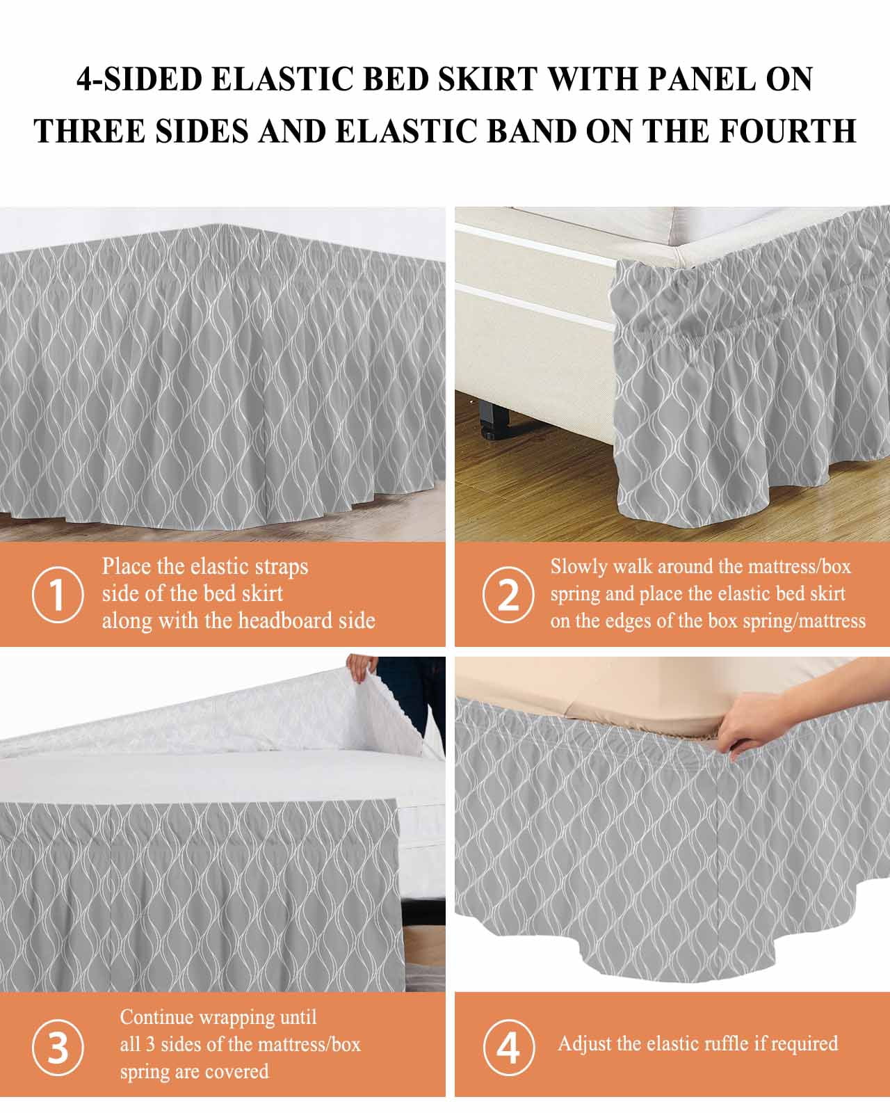 Grey White Stripes Wrap Around Bed Skirts for Queen Bed 16" Drop,Bed Skirt with Adjustable Elastic Belt Dust Ruffle Bed Valance for Bedroom Hotel Simple Geometric Modern Monochrome Bed Frame Cover
