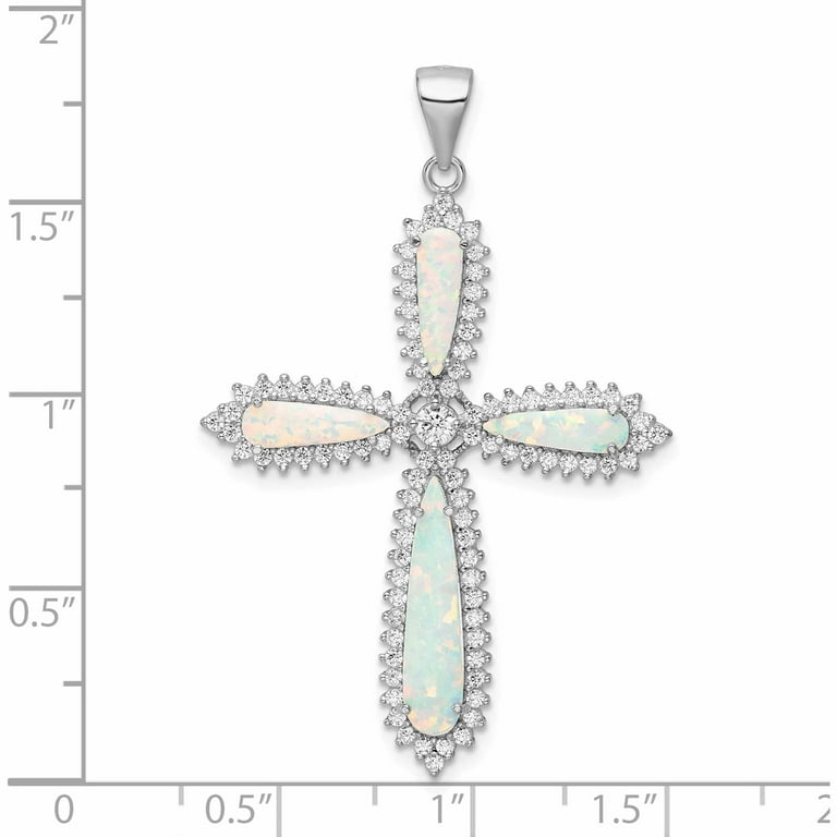 Sterling Silver White Created Opal Beaded Border Cross Pendant Sterling Silver White Created Opal Beaded Border Cross Pendant