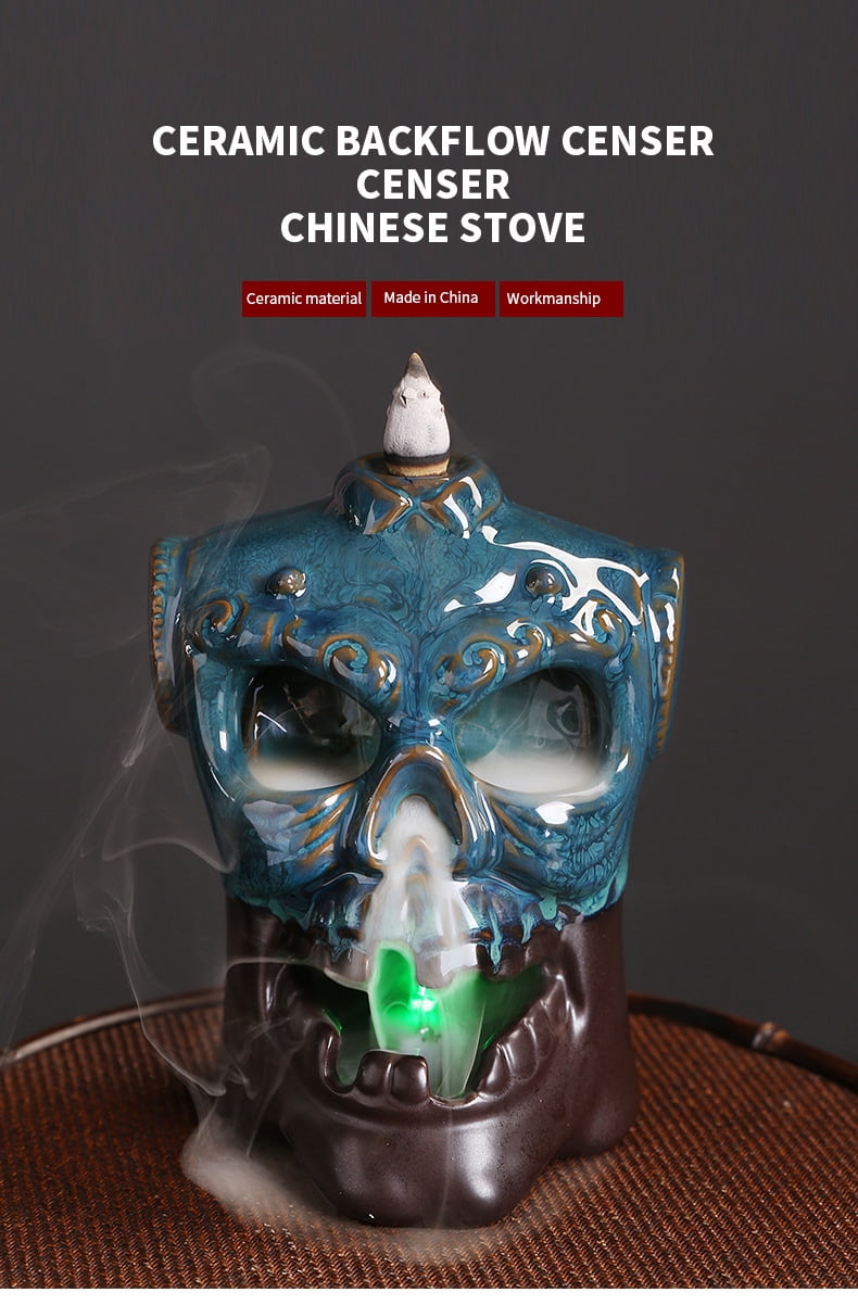 Creative European Skull Backflow Incense Burner Ceramic LED Light Backflow Aromatherapy Furnace Holder for Living Room Teahouse Decoration