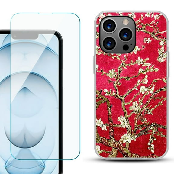 Slim-Fit Gel TPU Phone Case for iPhone 13 Pro Max, with Tempered Glass Screen Protector, by OneToughShield ® - Almond Blossom Red