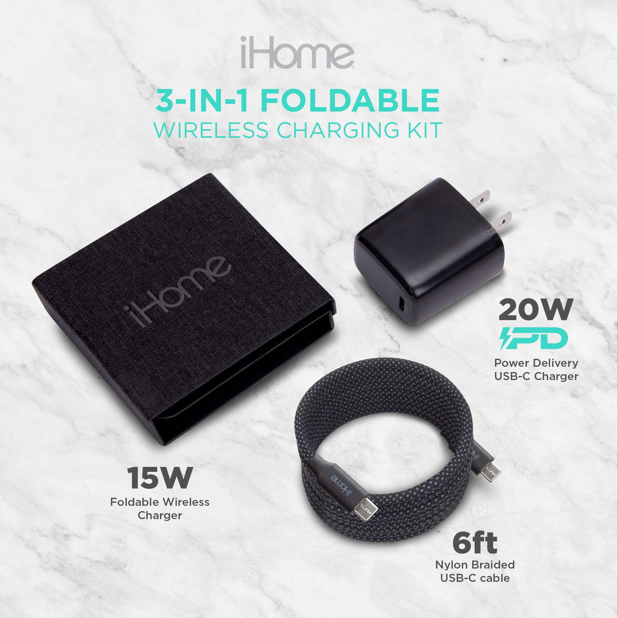 iHome 3-in-1 Foldable Wireless Charging Kit, 15W Charger for iPhone, Apple Watch & AirPods, 20W USB-C Wall Charger & 6ft Cable