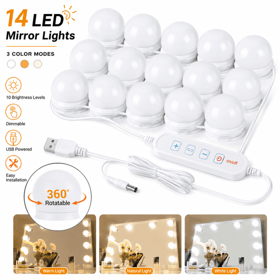 22ft Hollywood Makeup Mirror Light,14 LED Vanity Lights 3 Colors for Bedroom Dressing Table