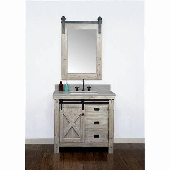InFurniture WK8536-CS SQ TOP 36 in. Rustic Solid Fir Barn Door Style Single Sink Vanity with Coastal Sands Marble Top with Rectangular Sink, Driftwood - No Faucet - 37 x 34.6 x 22 in.