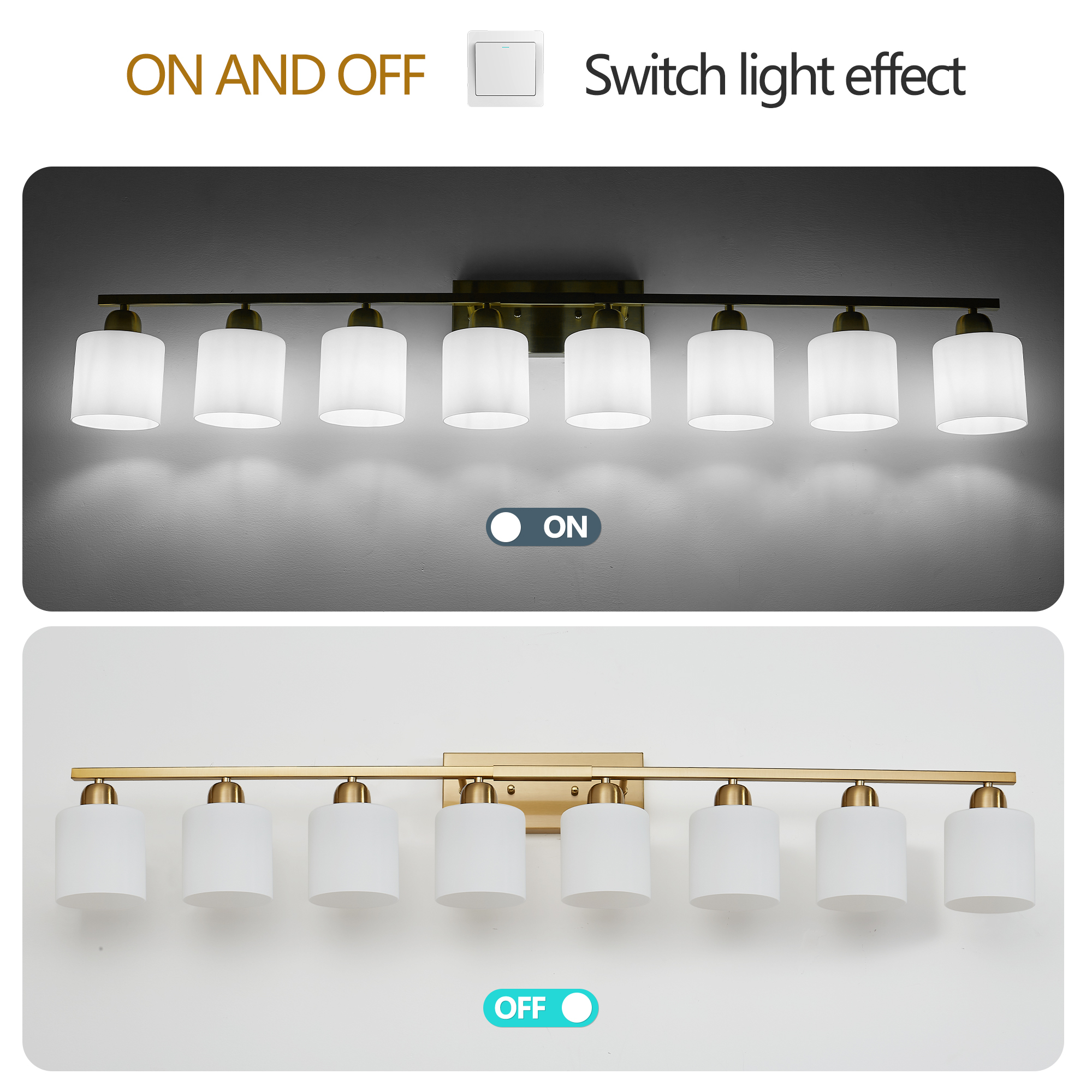 Leumius 8-Light Bathroom Vanity Light Fixture, Modern Vanity Light Over Mirror, Wall Sconces with Milky White Frosted Glass Shades for Mirror, Bathroom, Bedroom and Hallway Gold (No Bulbs)