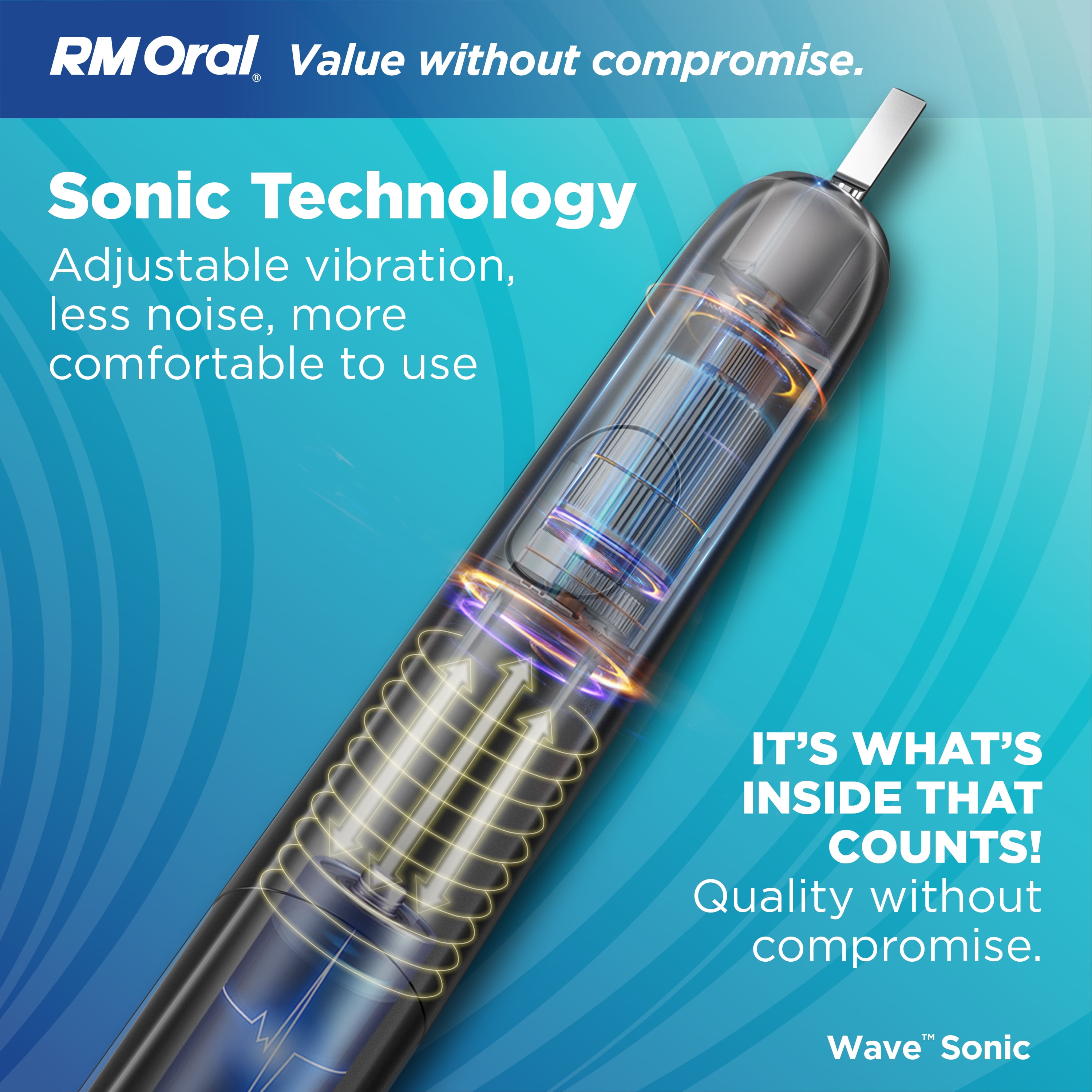 RM ORAL Wave Sonic Battery Toothbrush, Soft Bristles, 56,000 Sonic Vibrations, Travel Case, Aquamarine