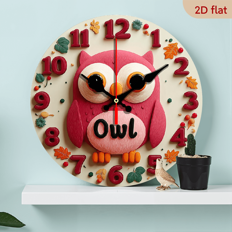 2D Flat 1pc 10Inch Wooden Charming Pink Owl Vintage Wall Clock - Round Wooden Decor with Colorful Leaves Floral Accents, Silent, Easy to Assemble for Bedroom, Living Room - Ideal for Birthdays