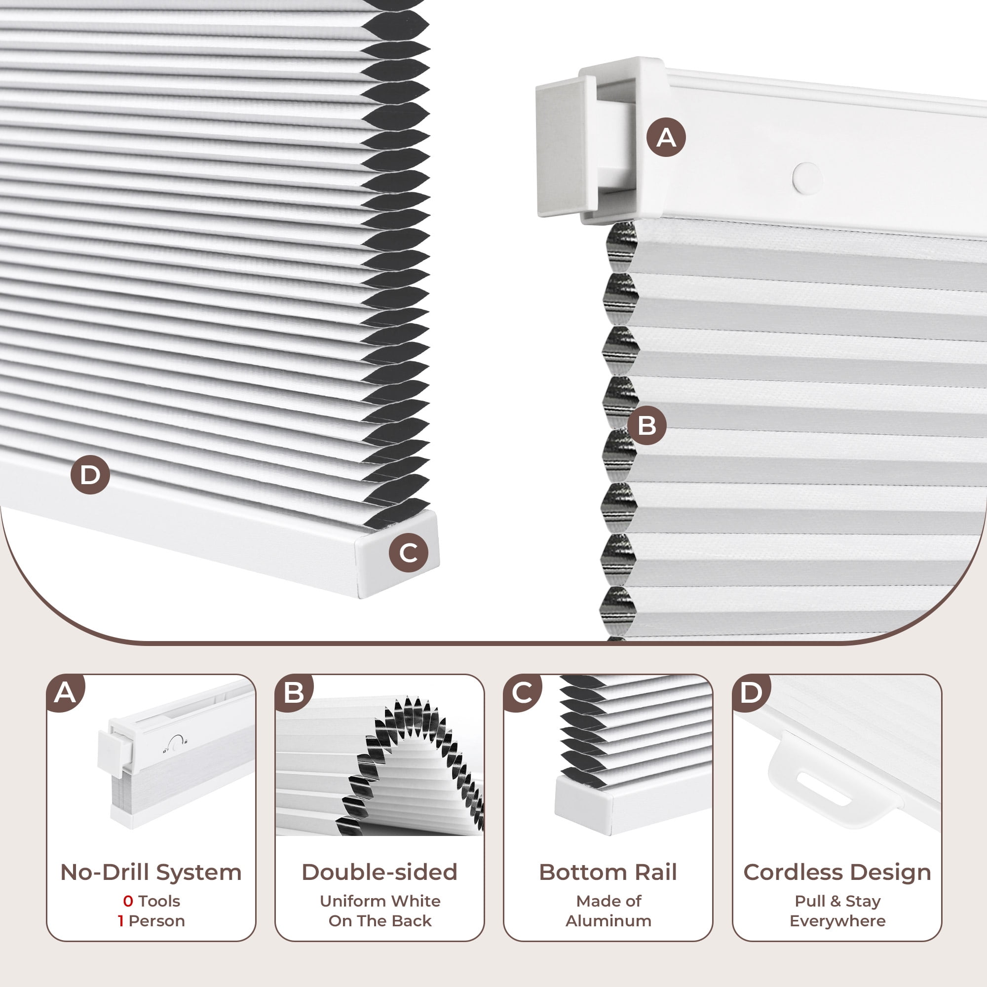 Allesin Zen Cordless Blackout Cellular Shades,Blackout Light Blocking Thermal Insulation Blinds for Windows White, 24" x 36"