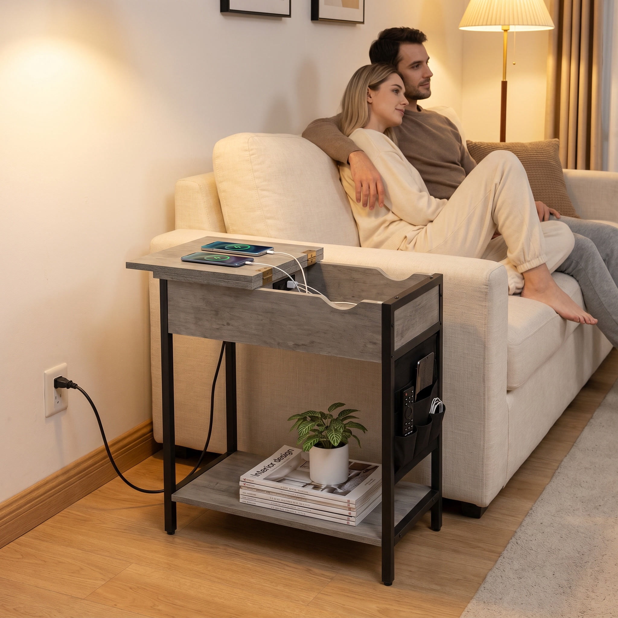 Greige and Black Industrial Side Table with Built-In Charging Station, USB Ports, and Side Fabric Storage Pockets