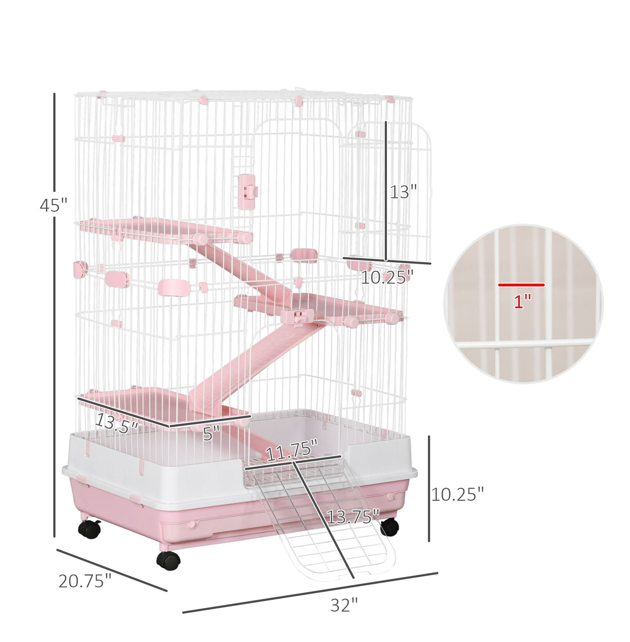 32L 4-Level Small Animal Cage, Rabbit Hutch with Wheels & Tray, Pink - Bunny, Chinchilla, Ferret Habitat