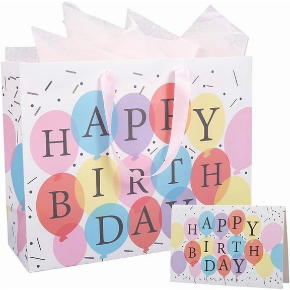 13 x 10 x 5 Inch Happy Birthday Shopping Bags Birthday Gift Bag with Tissue Paper Handles Colorful Greeting Card Large Rectangle Wrapping Heavy Duty Paper Set DIY