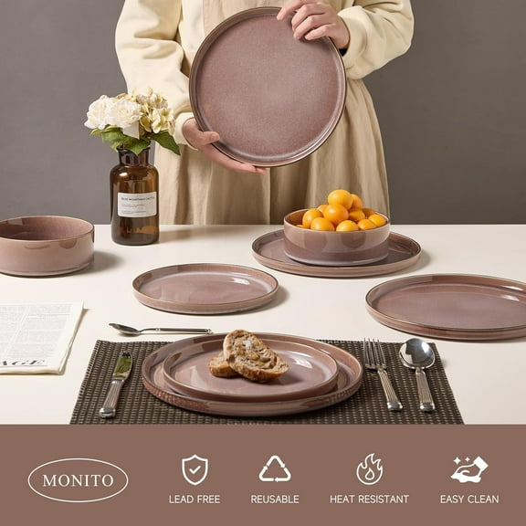 12PCS Stoneware Plates and Bowls Set, Ceramic Dinnerware Sets, Service for 4, Chip and Scratch Resistant Dish Set, Microwave and Dishwasher Safe, Housewarming Party Holiday Gift, Vintage Brown