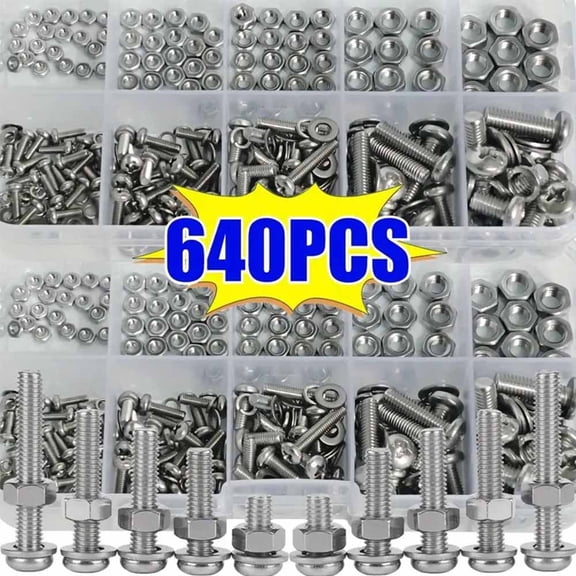 Nuts and Bolts Assortment Kit, Hex Socket Cap Screws M2 to M5, 304 Stainless Steel, 640 Pcs