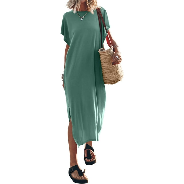 Kmbangi Robes Longues Noires pour Femmes pour l'Été 2023, Manches Chauve-Souris Courtes Col Rond Fendu Robe de Plage Décontractée
