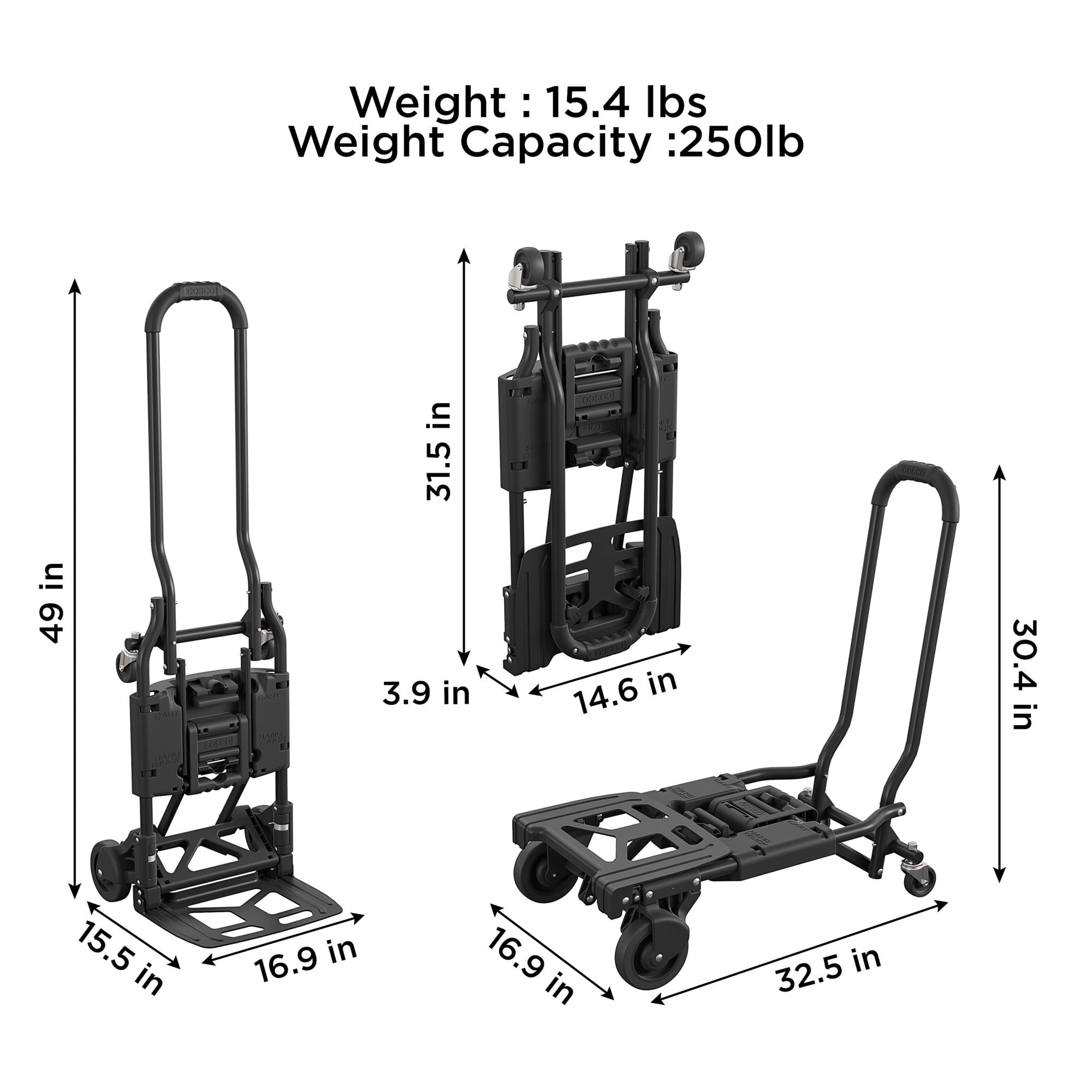 COSCO Shifter 2-in-1 Folding Hand Truck and Cart with Large Folding Toe Plate, 300 lb Capacity, Lightweight Steel Dolly, Black