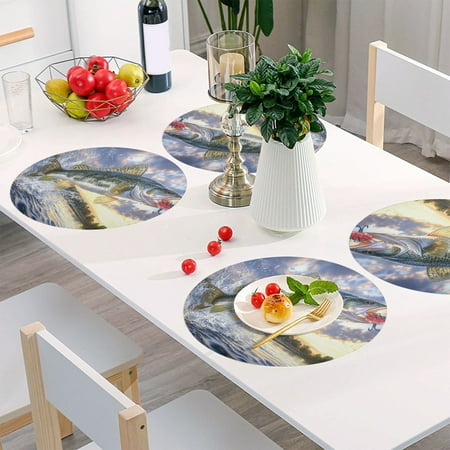 

Round Grid Placemat One Sizex4 Round Placemat PVC Plate Mat，15.4 Inch Non-Slip and Heat Resistant Table Placemat Dining Room Placemat Golden Fish Picture