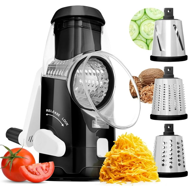 Râpe à Fromage Rotative avec Poignée - Mandoline Trancheuse Déchiqueteuse avec 3 Tambours en Acier Inoxydable pour Fromage, Légumes et Plus