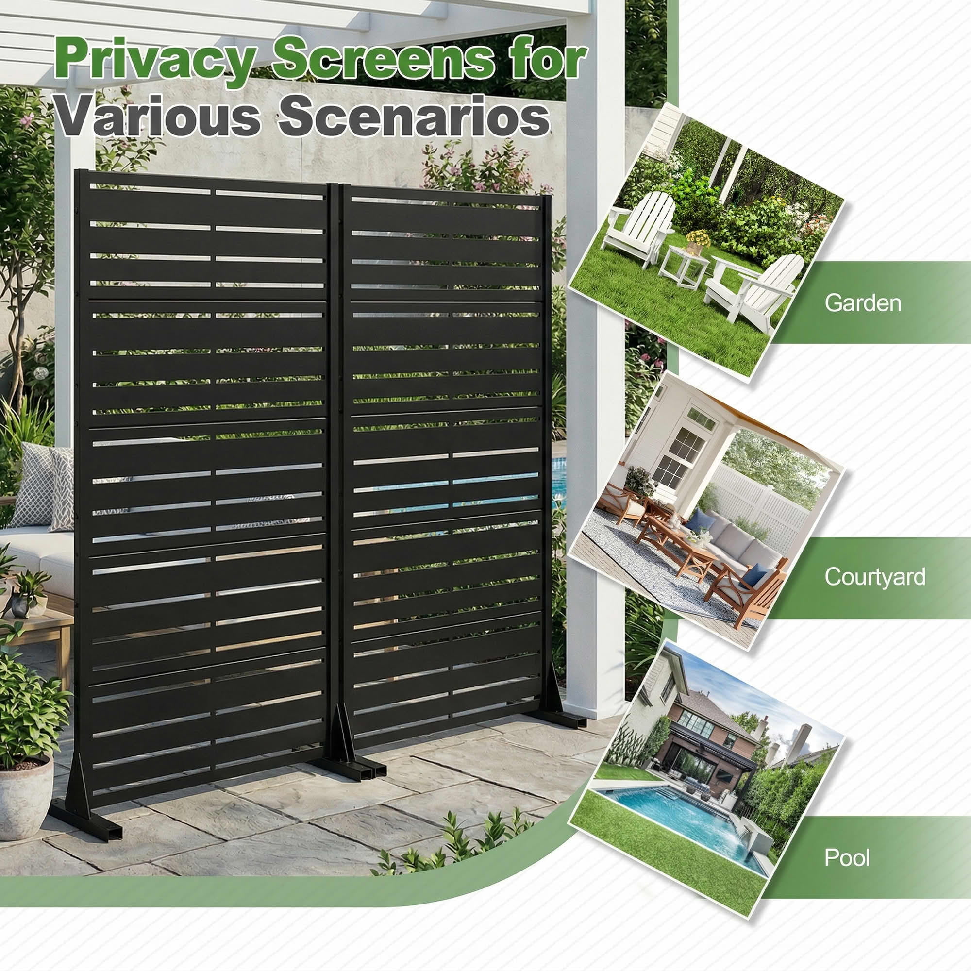 MAYEERTY 2-Piece 59"x30" Outdoor Privacy Screen, Black 5-Panel Galvanized Steel Louvered Fence, Wide-1 Narrow-2, Freestanding for Patio Backyard