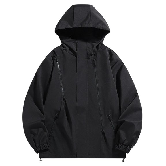 Men's Zipper Decorative Jacket Solid Color Casual Outdoor Charging Fashion Versatile Men's Long Sleeved Hooded Jacket Black M
