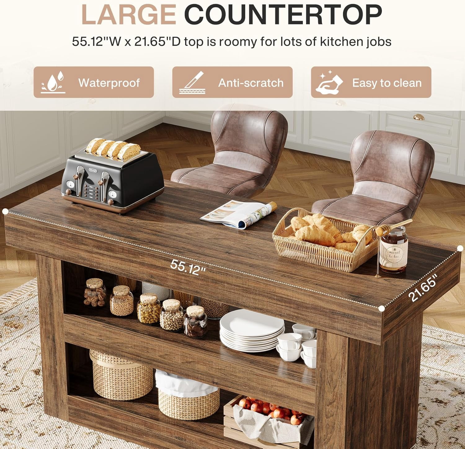 Finmind 55-Inch Kitchen Island with Large Countertop, Wooden Coffee Bar Table for Kitchen, Dining Room, Living Room, Brown