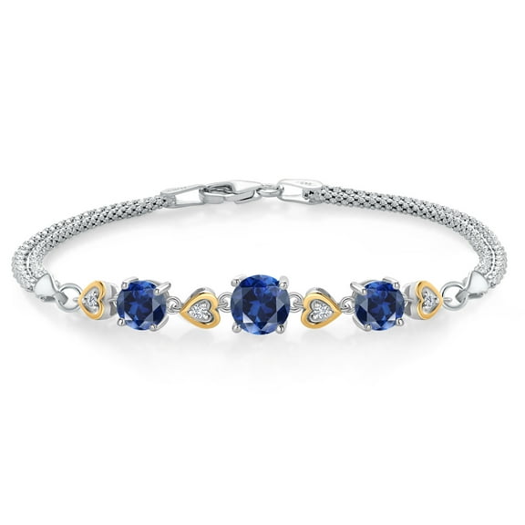 Gem Stone King 925 Sterling Silver and 10k Yellow Gold Blue Created Sapphire and White Lab Grown Diamond Bracelet for Women (3.68 Cttw, Round 7MM and 6MM, 6.5/7/7.5 inch, Made in Italy)