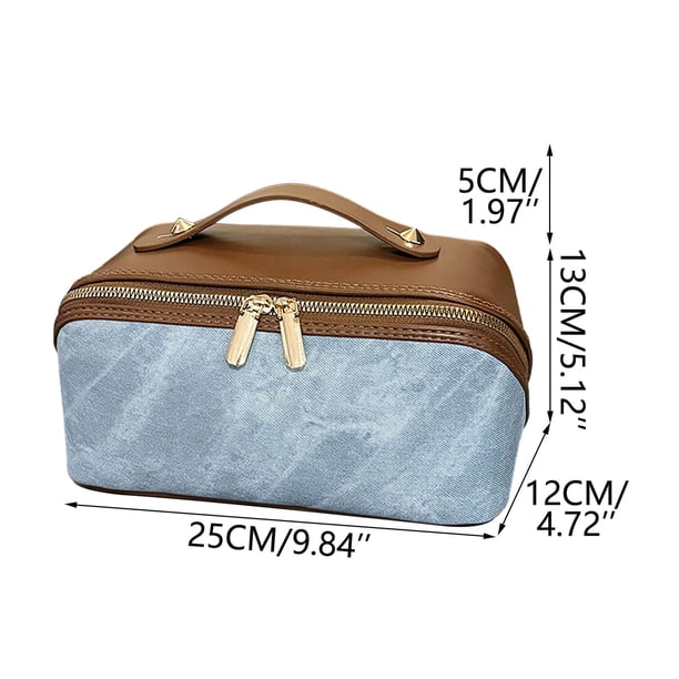 Neceser organizador de maquillaje de cuero con doble cremallera, estuche de aseo con bloques de color y divisor extraíble, bolsa de viaje para cosméticos, ideal para guardar brochas y botellas, fácil