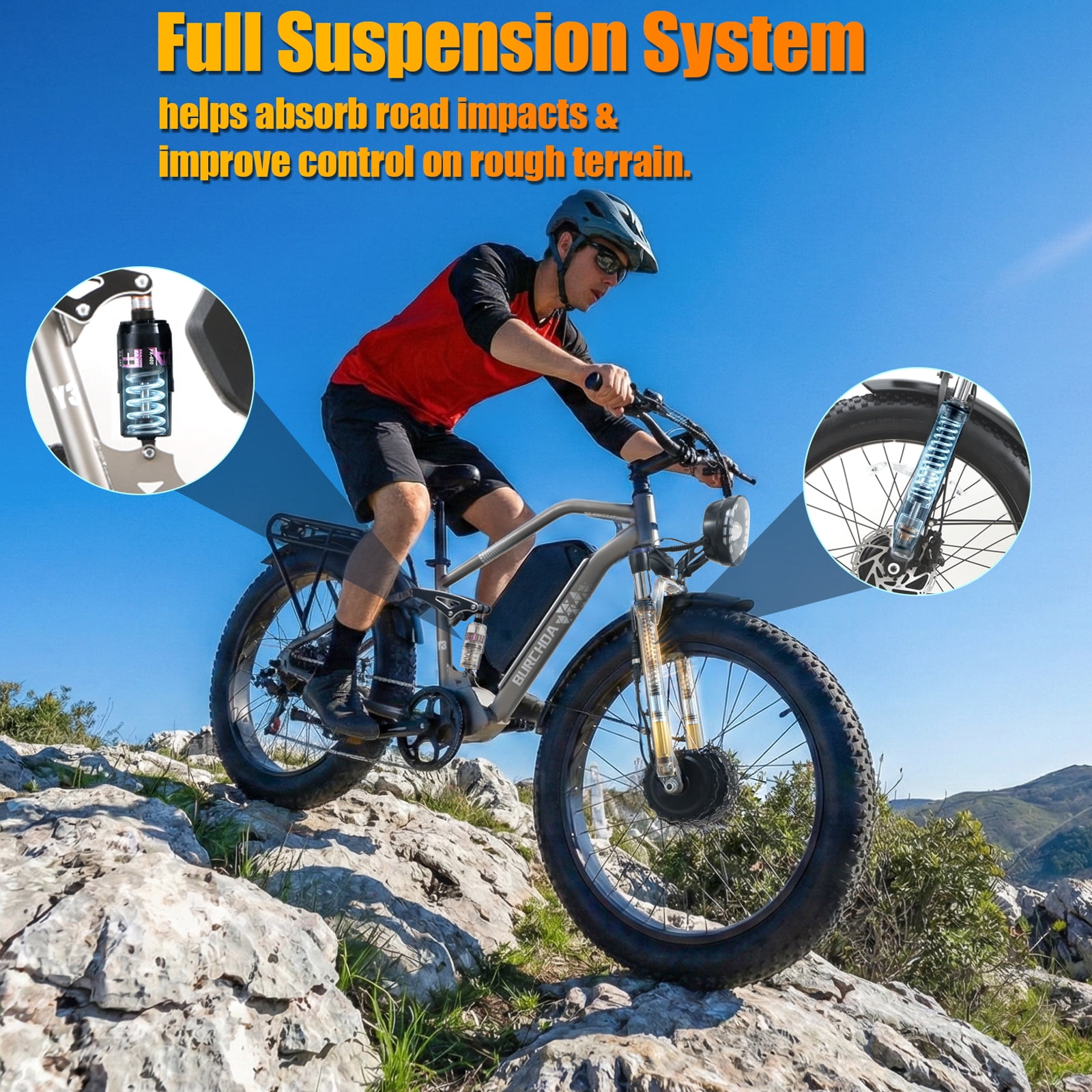 Electric Bike for Adults 5000W AWD Dual Motor 40MPH 210Nm Torque 52V 30Ah Battery 90 Miles 26" Fat Tire Off Road E-mountain bike Full Suspension&Hydraulic Brakes UL2849 Electric Bicycles