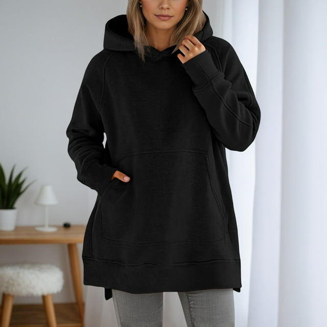Cozy Chandails à Capuchon et Chandails en Molleton pour Femmes à Manches Longues Col Rond avec Poche Solide Coupe Ample pour Usage Quotidien Décontracté
