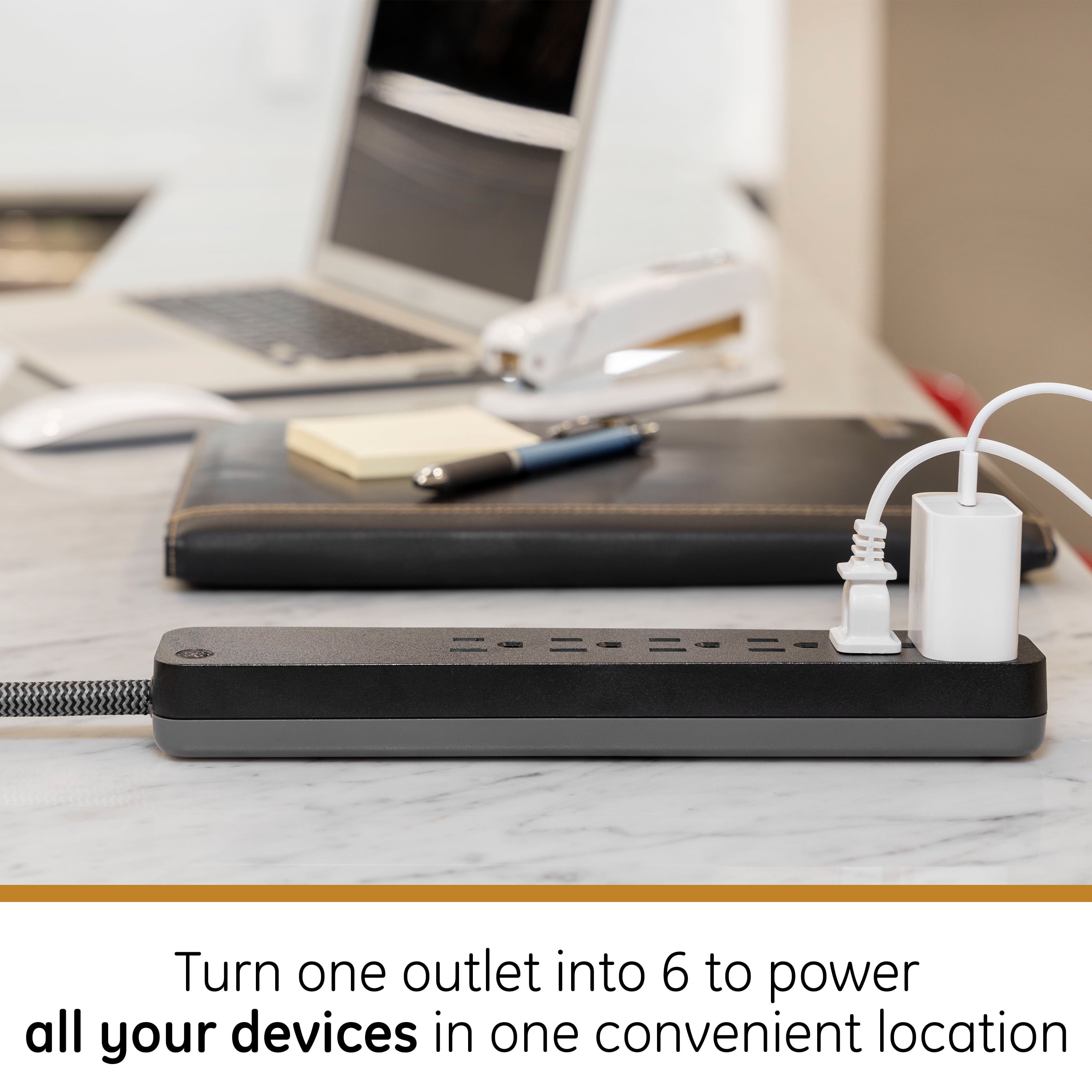 GE UltraPro 6 Outlet Surge Protector, 6 ft Braided Cord, Black, 45271