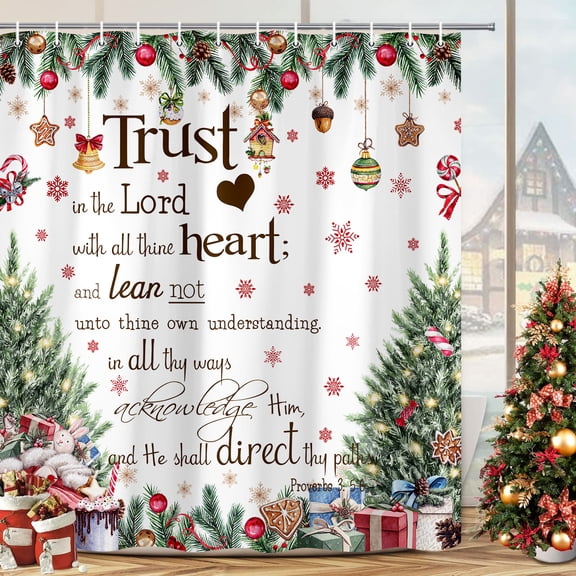 Winter Christmas Shower Curtain, Bible Verse Inspirational Quotes Xmas Ball and Tree Snowflake Shower Curtains for Bathroom, Watercolor Christmas Fabric Bath Curtain Decor Set with Hooks, 69X70IN