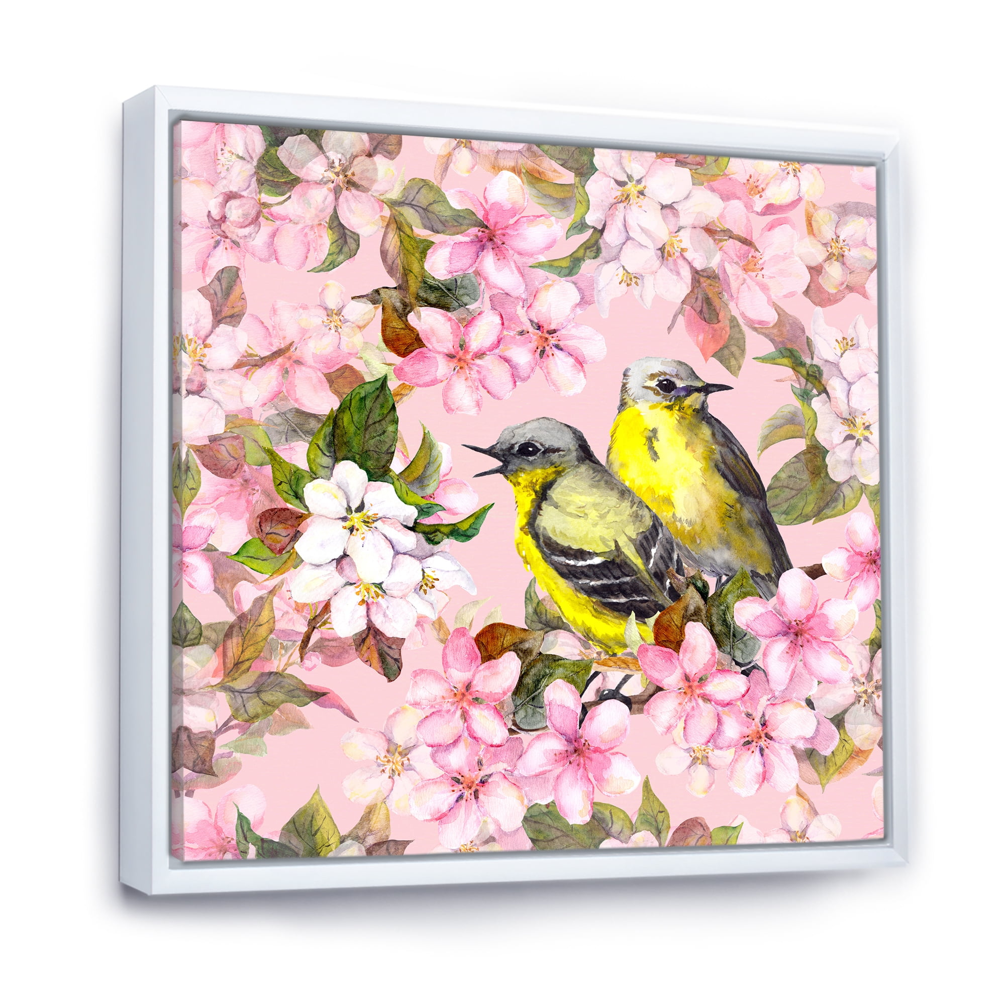 Designart 'Birds On Pink Cherry Sakura and Apple Flowers I' Traditional Framed Canvas Wall Art Print