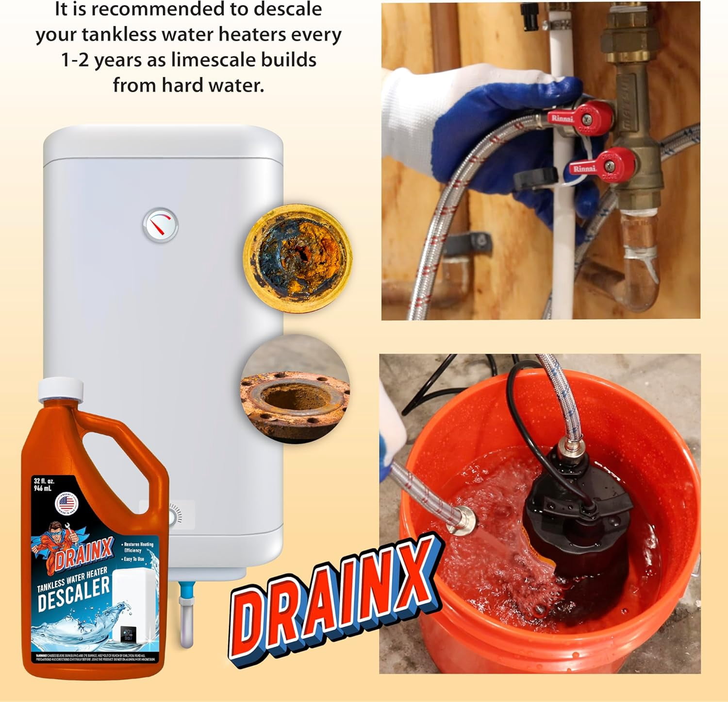 DrainX Tankless Water Heater Flushing Kit with Eco-Safe Descaler Solution, 1/6 HP Pump, Steel Hoses
