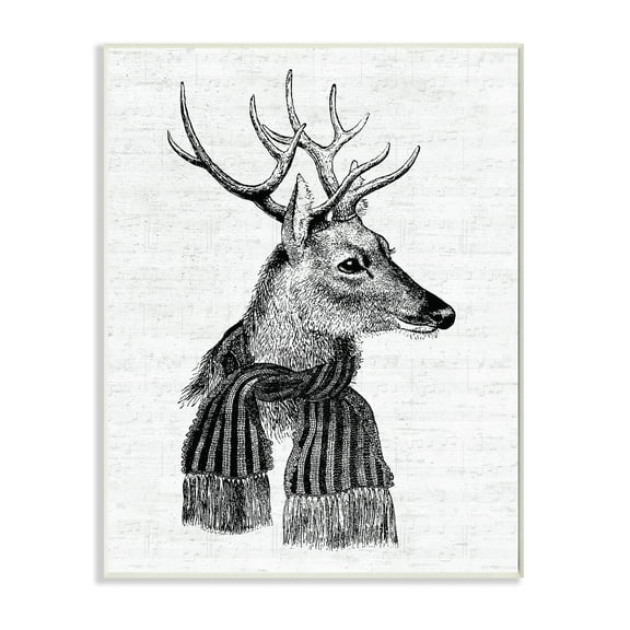 Stupell Industries Reindeer in Scarf Minimal Vintage Portrait Holiday Painting Wall Plaque Art Print Wall Art, 10 x 15