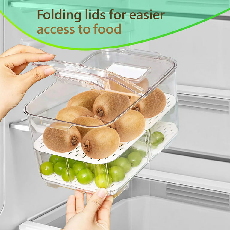 WAVELUX Produce Saver Containers for Refrigerator, Food Fruit Vegetables  Storage, 2Pcs Stackable Fridge Organizer, Fresh Keeper Drawer Bin Basket  with Vented Lids , Removable Drain Tray & Folding Lid… 