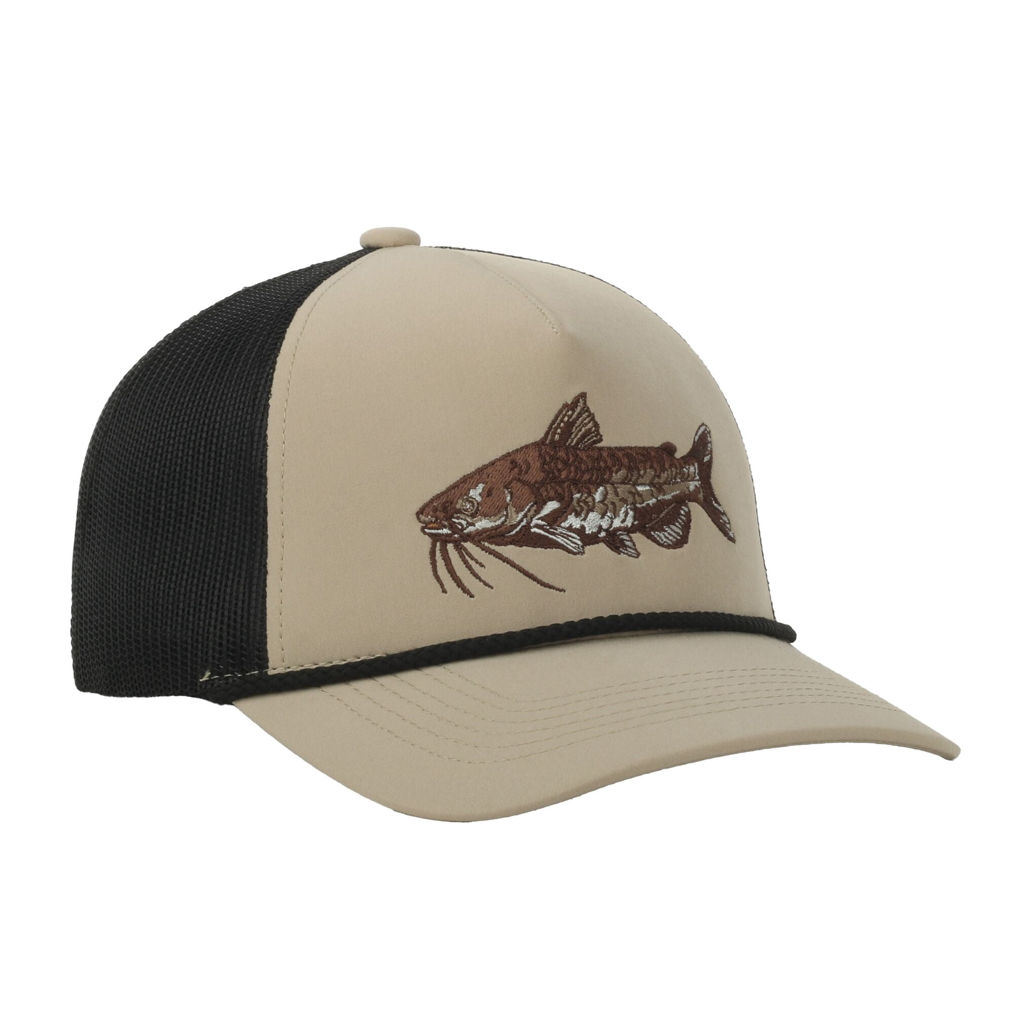 Beige/Black Catfish 5-Panel Fishing Cap – Structured, Embroidered, Snapback, One Size
