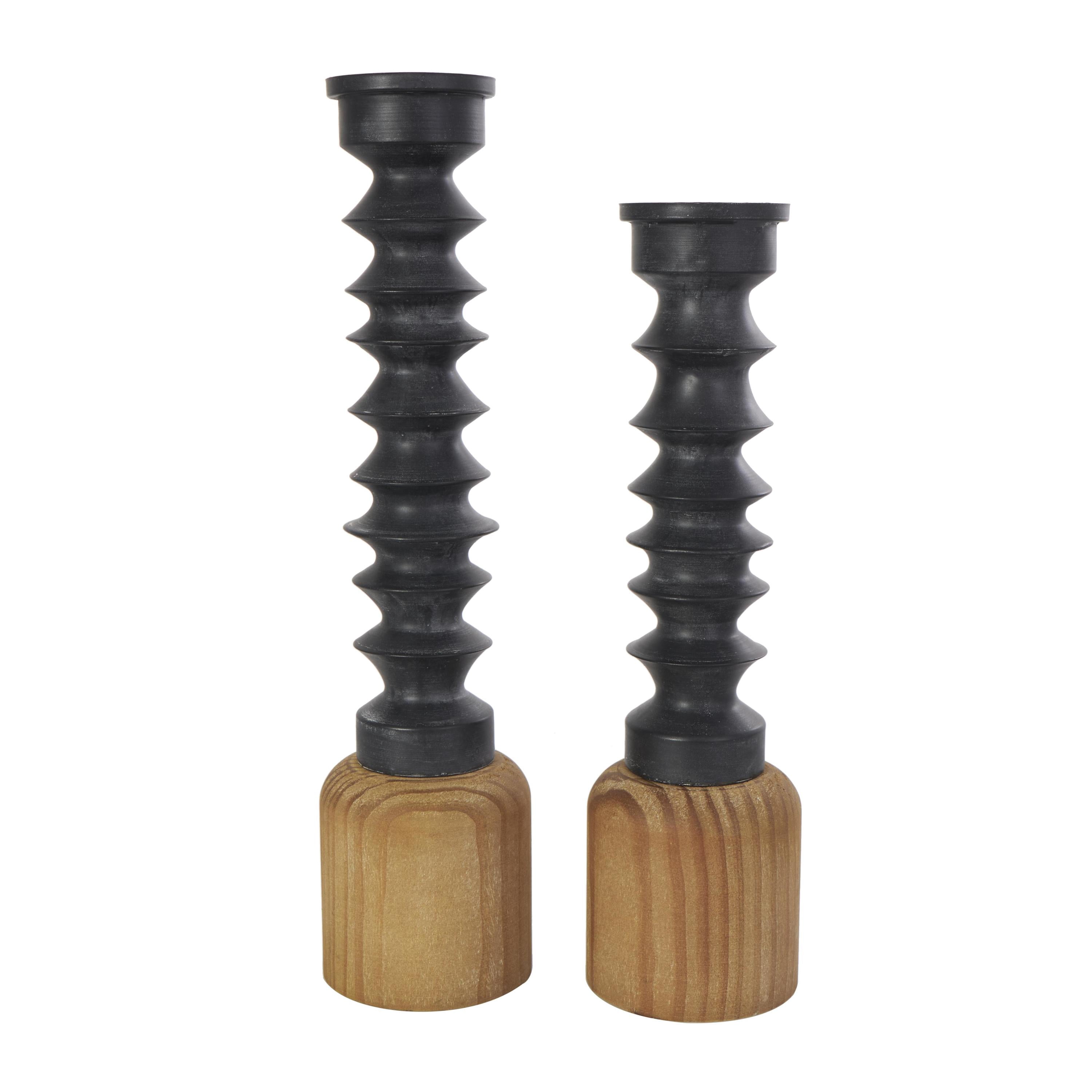 DecMode 2 Candle Black Metal Turned Style Candle Holder with Brown Wood Bases, Set of 2