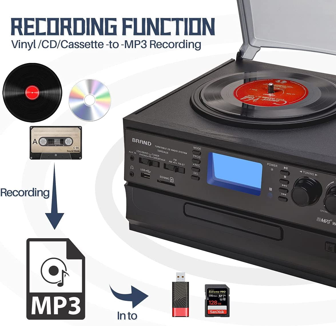 ORCC 10-in-1 Bluetooth Record Player Turntable for Vinyl Records CD Cassette USB/SD Convert