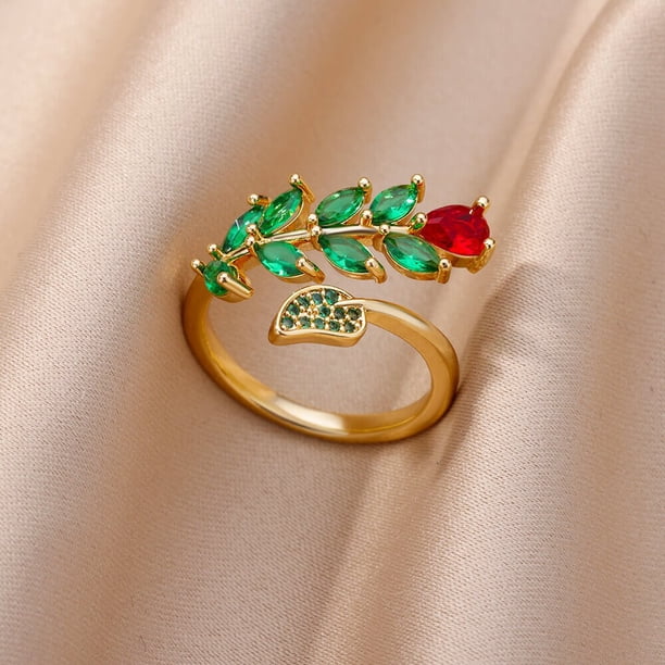 Anillos de circón cúbico chapados en oro para mujer, acero inoxidable abierto, anillo de dedo de cristal de lujo verde, joyería Bohemia, regalo de fiesta de boda