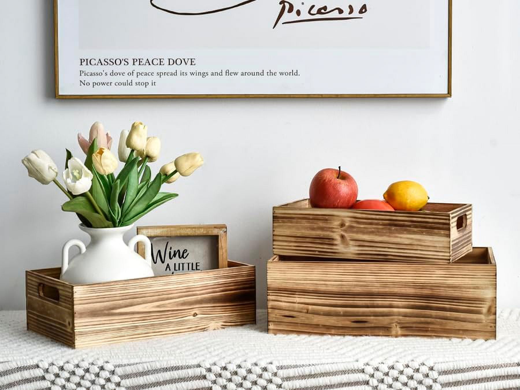 MODE HOME Wooden Storage Crates, Set of 3 Nesting Wood Boxes for Display and Organizing, Farmhouse Decorative Storage Bins for Crafts, Pantry & Living Room