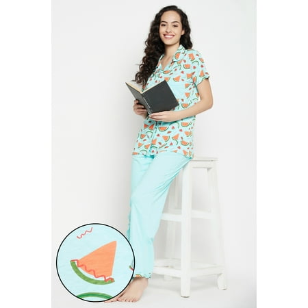 

Tutti Fruity Button Down Shirt & Pyjama Set in Sky Blue - 100% Cotton