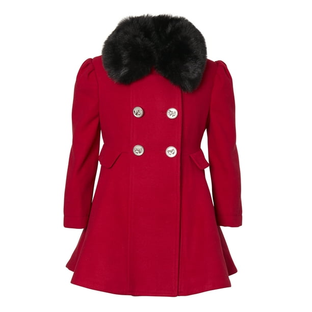 Pea Coat Jacket Faux Fur Collar, Red Pea Coat With Bow