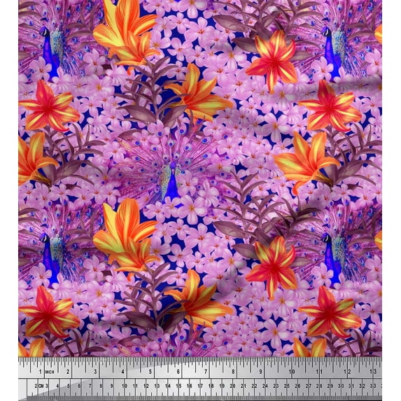 Soimoi Orange Viscose Chiffon Fabric Leaves,Tropical Floral & Peacock Bird Printed Fabric 1 Yard 42 Inch Wide