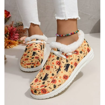 

Halloween Canvas Shoes for Women Pumpkin Ghost Warm Flat Bottom with Velvet Strap Casual Shoes for Women Cotton Shoes