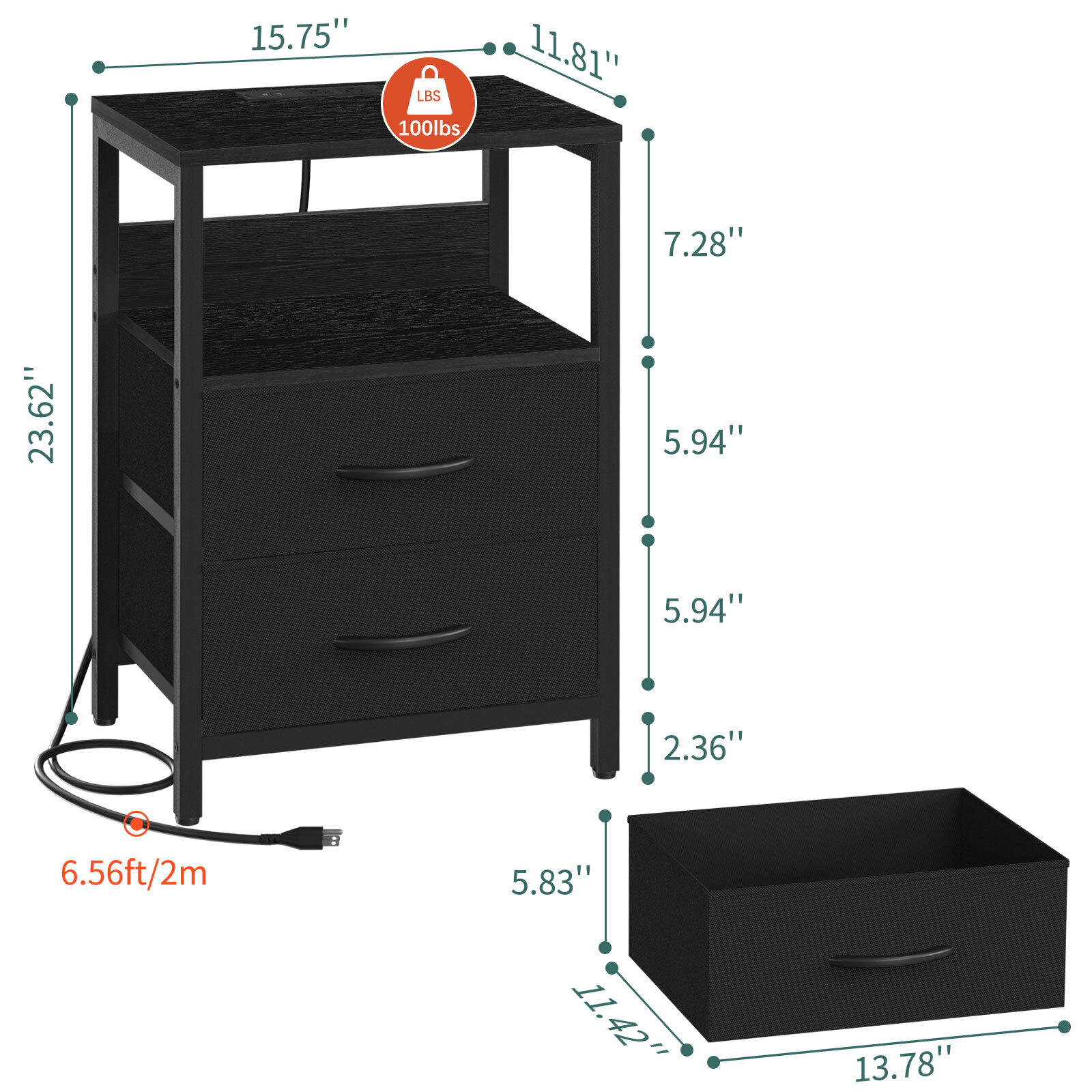 Yoobure Nightstand with LED Charging Station, Black photo 6