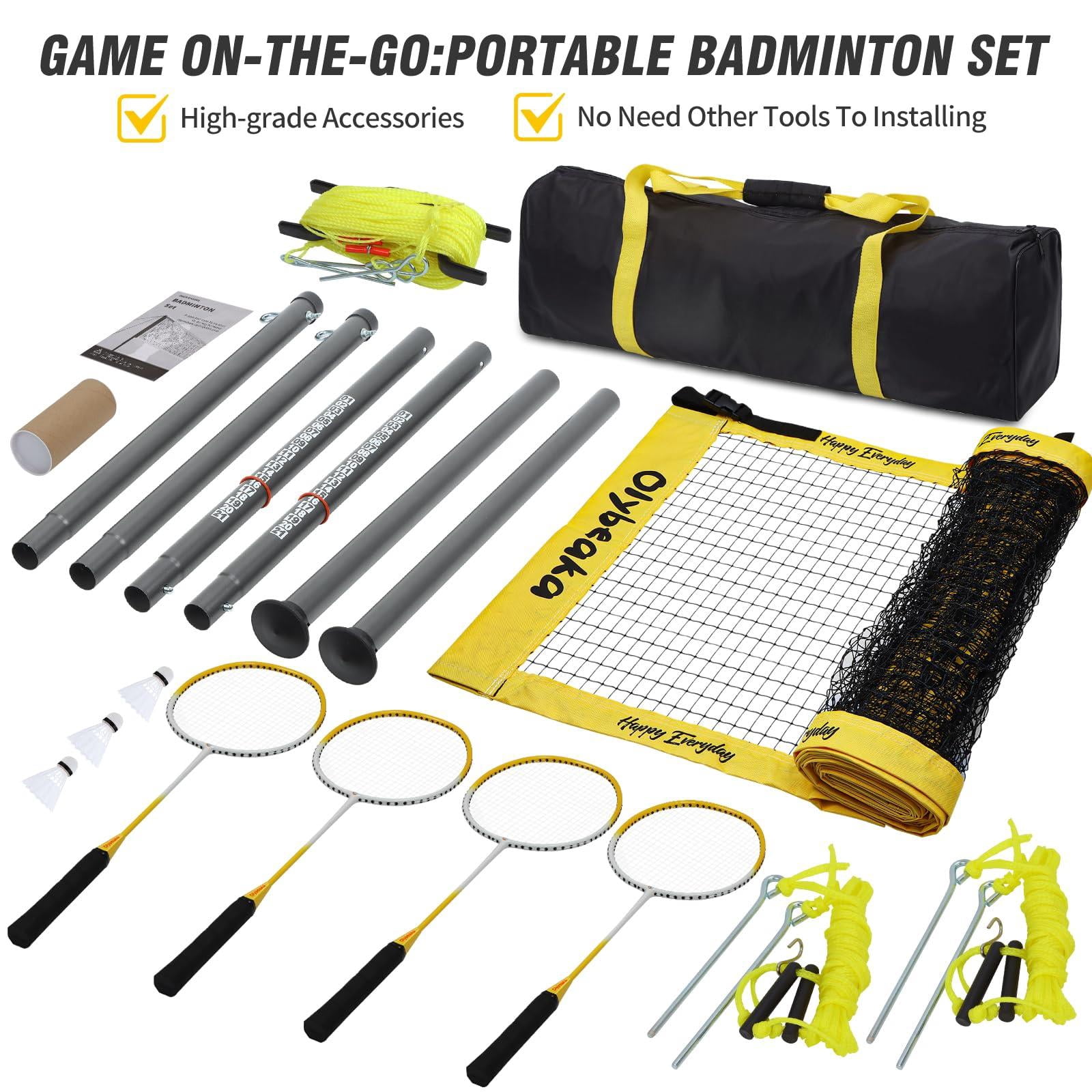 Portable Outdoor Badminton Net Set System For Backyard Lawn Beach  With Durable 4 Carbon Aluminum Rackets 3 Birdies And Carrying Bag