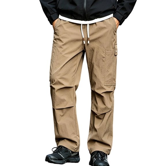 GZMOALH Men's Nylon Cargo Pants, Water Repellent Multi Pocket Hiking Trousers with Drawstring Waist for Outdoor Travel