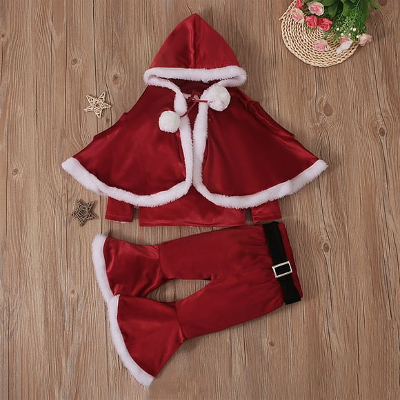FAIWAD 3Pcs Newborn Baby Girl Christmas Outfit Baby Long Sleeve Tops Hooded Cloak with Flared Pants Cute Xmas Set