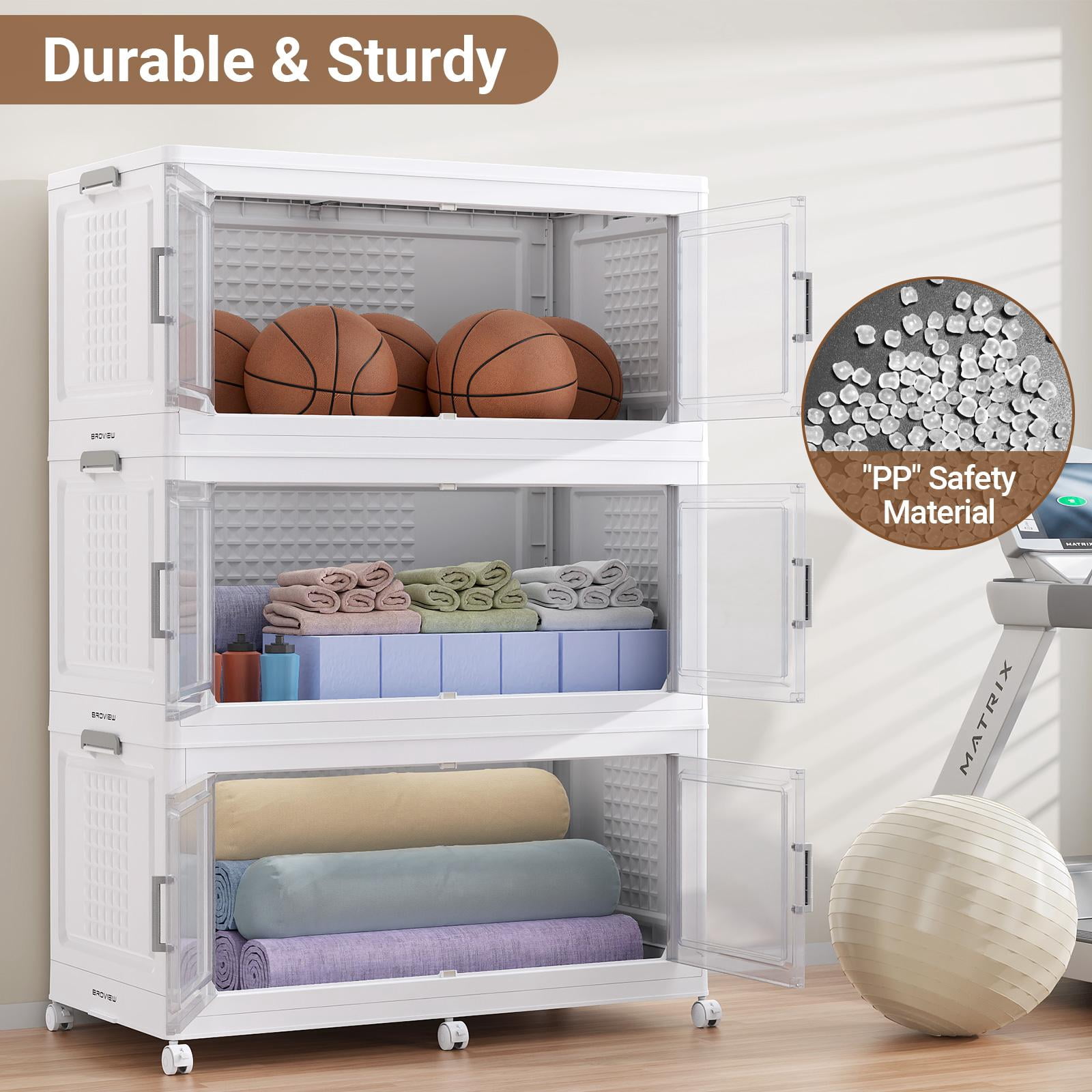 Broview 400Gal Extra Large Stackable Storage Bins with 2 Lids & Wheels, 8Pack Plastic Collapsible Box with Dividers, Closet Organizers Cabinet, White